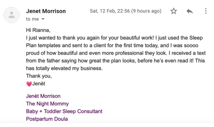 Sleep Plan Template for Sleep Consultant Janet Morrison | Testimonial