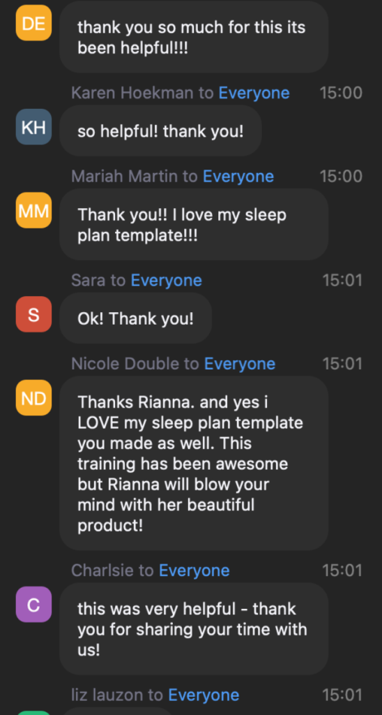 Words of appreciation for Rianna Hijlkema for Canva Training Workshop for Sleep Consultants