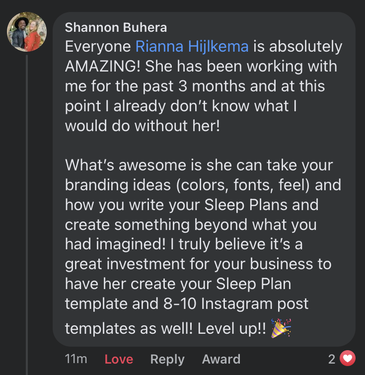 Sleep Plan Template for Sleep Consultant Shannon Buhera | Testimonial